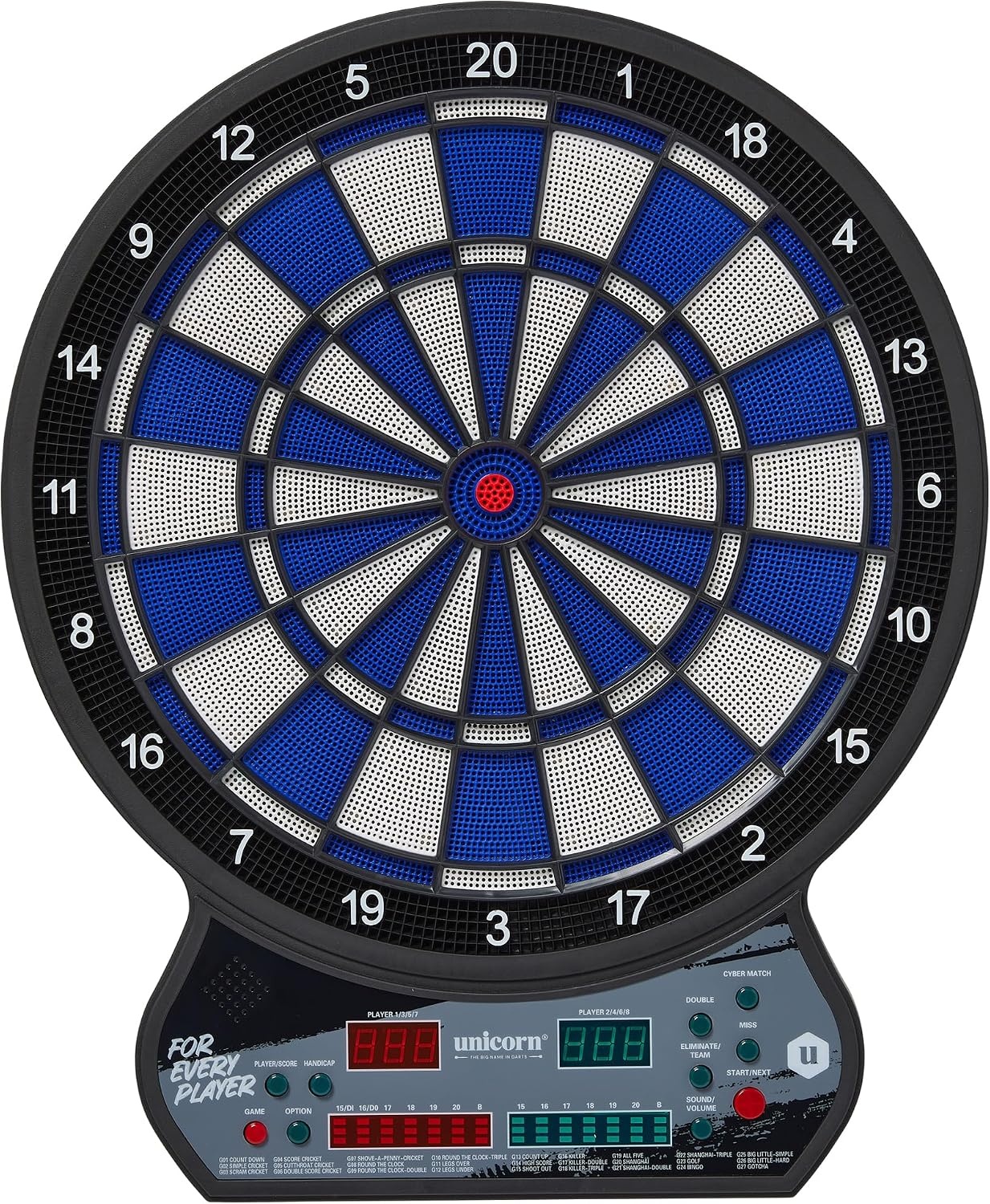 Unicorn Softtip dartbord, elektronisch led-display, automatisch scoren, 27 spellen met 175 variaties, geschikt voor maximaal 8 spelers, inclusief voedingsadapter en 6 dartpijlen
