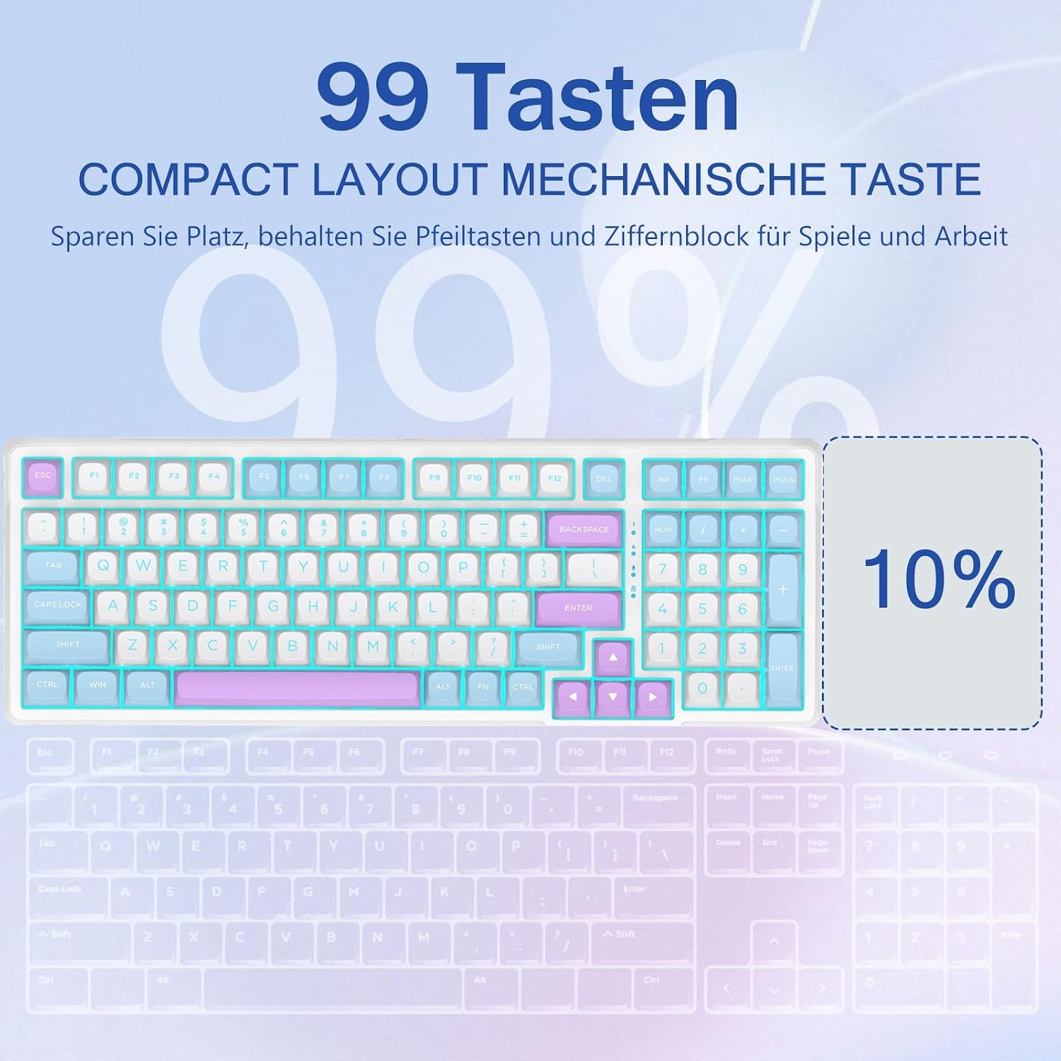 Mechanisch Gaming toetsenbord 96% Creamy, bedraad, gasketstructuur met geluidsdempend schuim, voorgeoliede lineaire schakelaars, 99 toetsen, RGB zijve