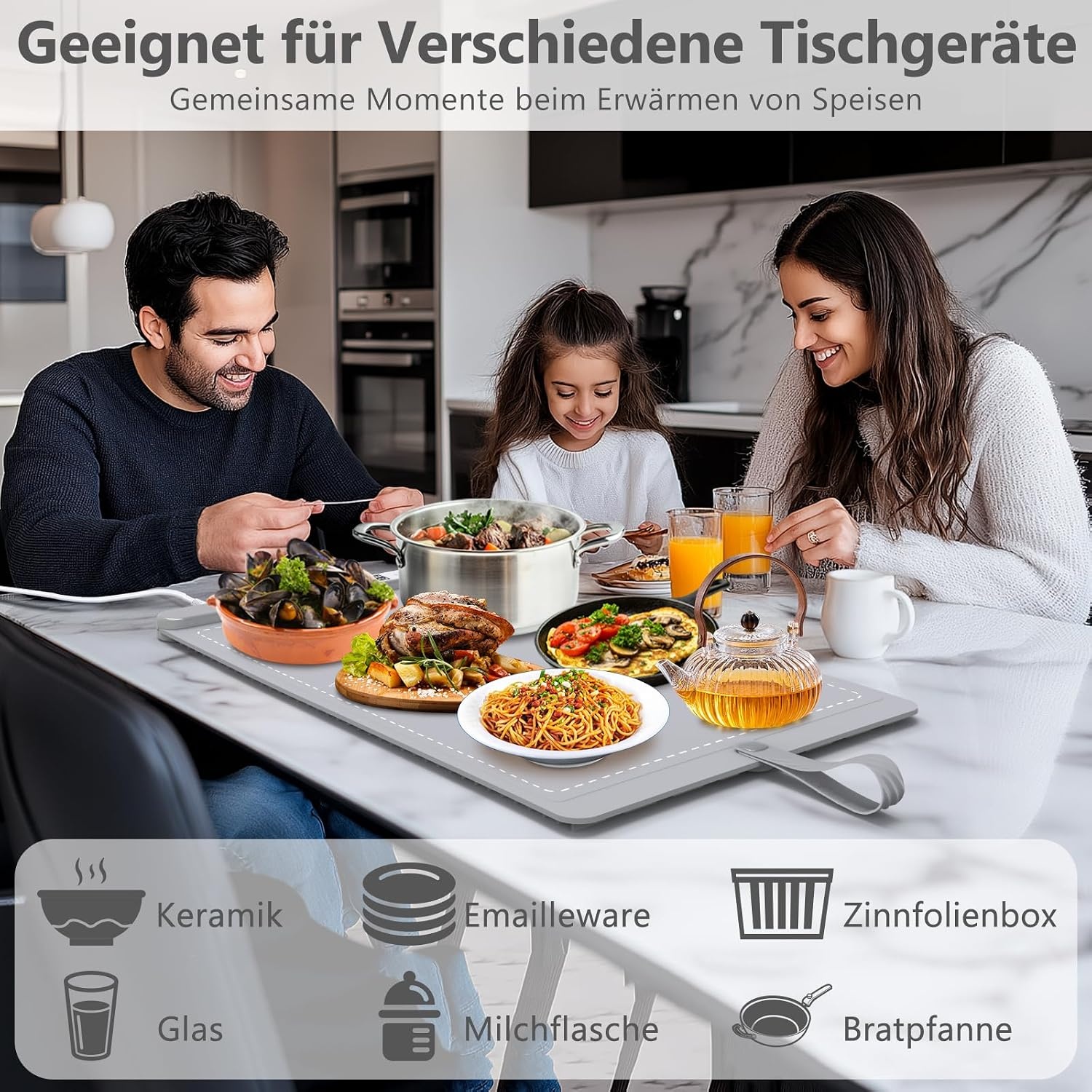 WochiTV Warmhoudplaat voor gerechten, elektrische warmhoudbak, warmteplaat met 6 temperatuur- en timer-instellingen, snelle verwarming voor thuis, buffetten, restaurants, huis, grijs