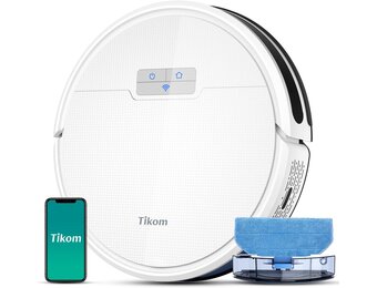 Tikom Robotstofzuiger, G8000 Pro Robotstofzuiger, 2-in-1, 4500 Pa zuigkracht, zelfoplaadbaar, wifi, max. 150 minuten, geschikt voor dierenharen, tapijt, harde vloeren, wit