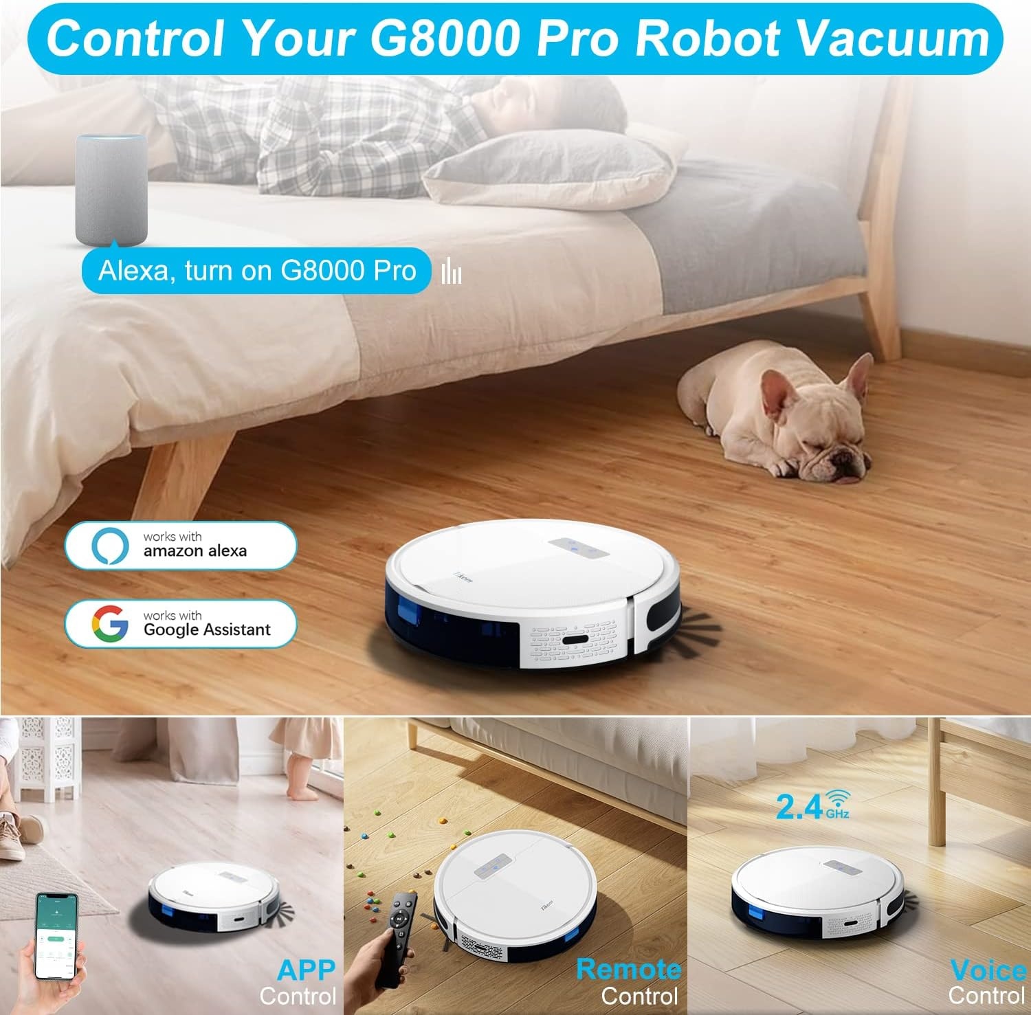 Tikom Robotstofzuiger, G8000 Pro Robotstofzuiger, 2-in-1, 4500 Pa zuigkracht, zelfoplaadbaar, wifi, max. 150 minuten, geschikt voor dierenharen, tapijt, harde vloeren, wit