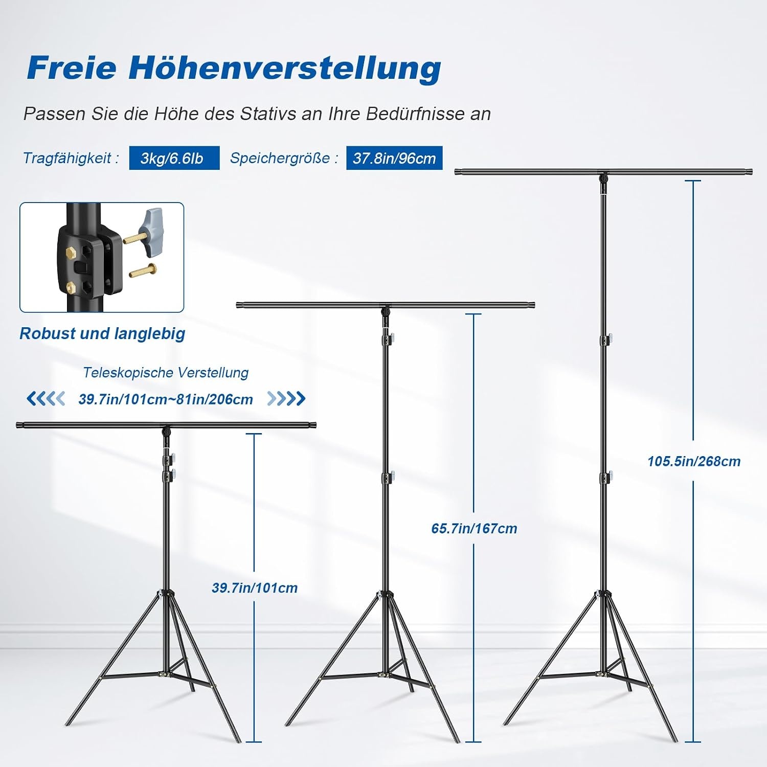 soonpho T-vormige achtergrondstandaard, 2,68 x 2,06 m, statiefstandaard, fotoachtergrond voor fotostudio, portret, productfotografie - Maat 2.6M