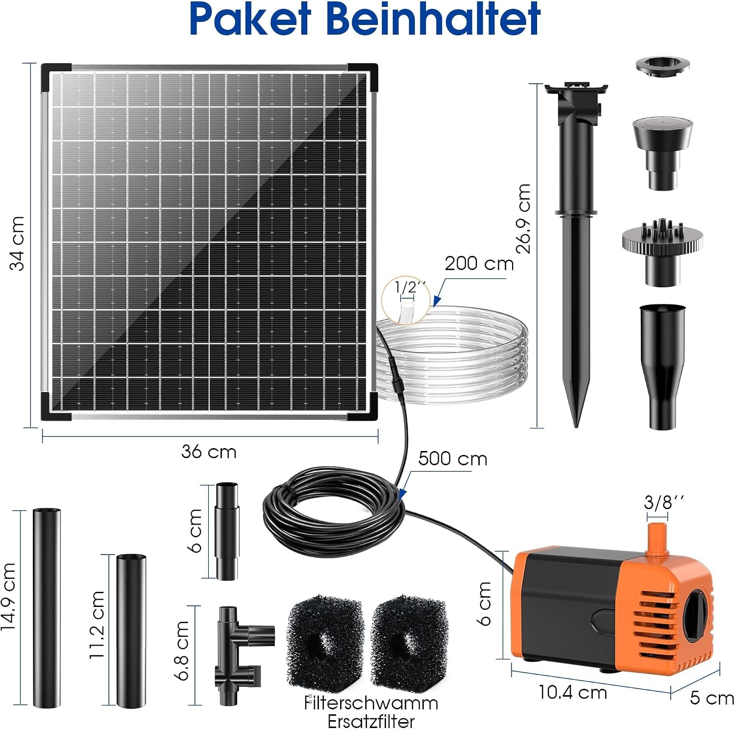 Biling 25 W Solar vijverpomp, 1810 l/u debiet, fontein op zonne-energie voor buiten, met 1,5 m beekloopslang, filter, doe-het-zelf zonnepomp, 5 m leidinglengte, beeklooppomp, zonne-energie voor