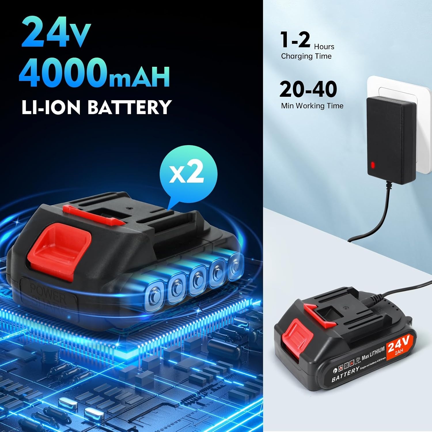 Elektrische ventilator met accu 24 V, 2 batterijen en oplader inbegrepen, krachtige draadloze ventilator voor tuin, terras, garage, sneeuw, stof en dierenharen (zwart)