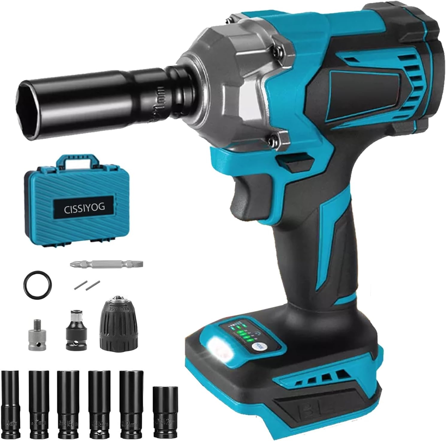 Accu-slagschroevendraaier, compatibel met Makita 18 V accu, 700 Nm, 1/2 inch borstelloze slagschroevendraaier, accumoersleutel met 6 dopsleutels voor het verwisselen van banden in de auto (zonder