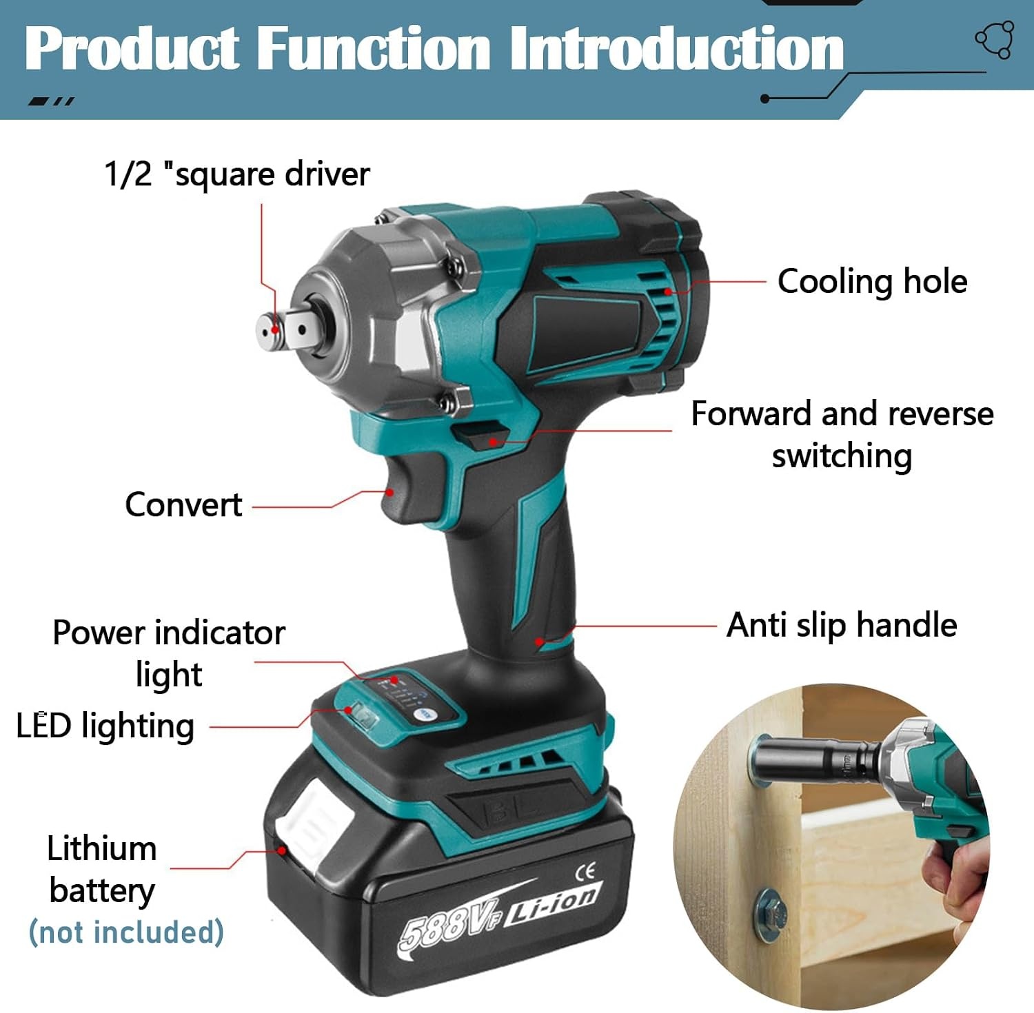 Accu-slagschroevendraaier, compatibel met Makita 18 V accu, 700 Nm, 1/2 inch borstelloze slagschroevendraaier, accumoersleutel met 6 dopsleutels voor het verwisselen van banden in de auto (zonder