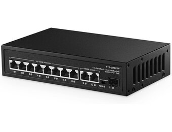 Binardat 11-Port PoE+ Switch - 8x 10/100Mbps, 2x Gigabit Uplink, 1x Gigabit SFP - Zwart