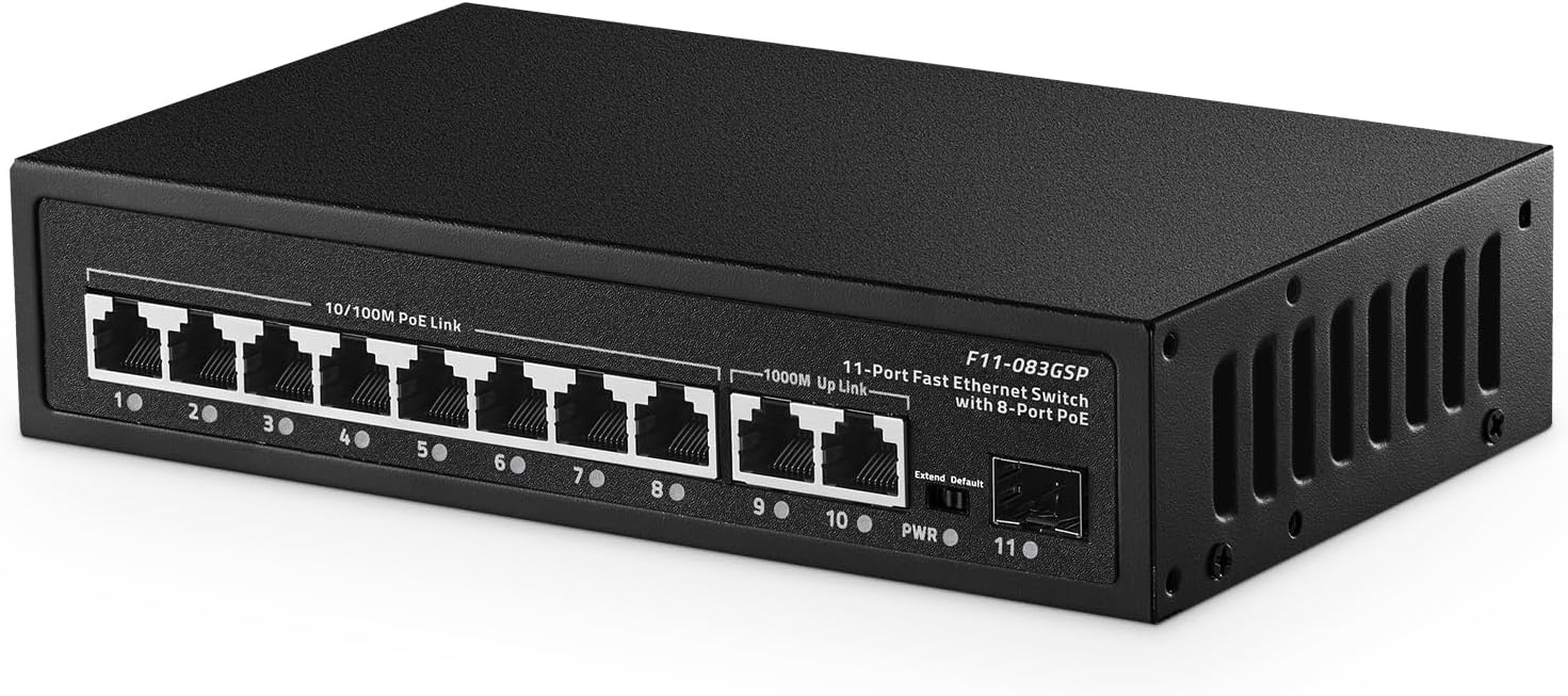 Binardat 11-Port PoE+ Switch - 8x 10/100Mbps, 2x Gigabit Uplink, 1x Gigabit SFP - Zwart