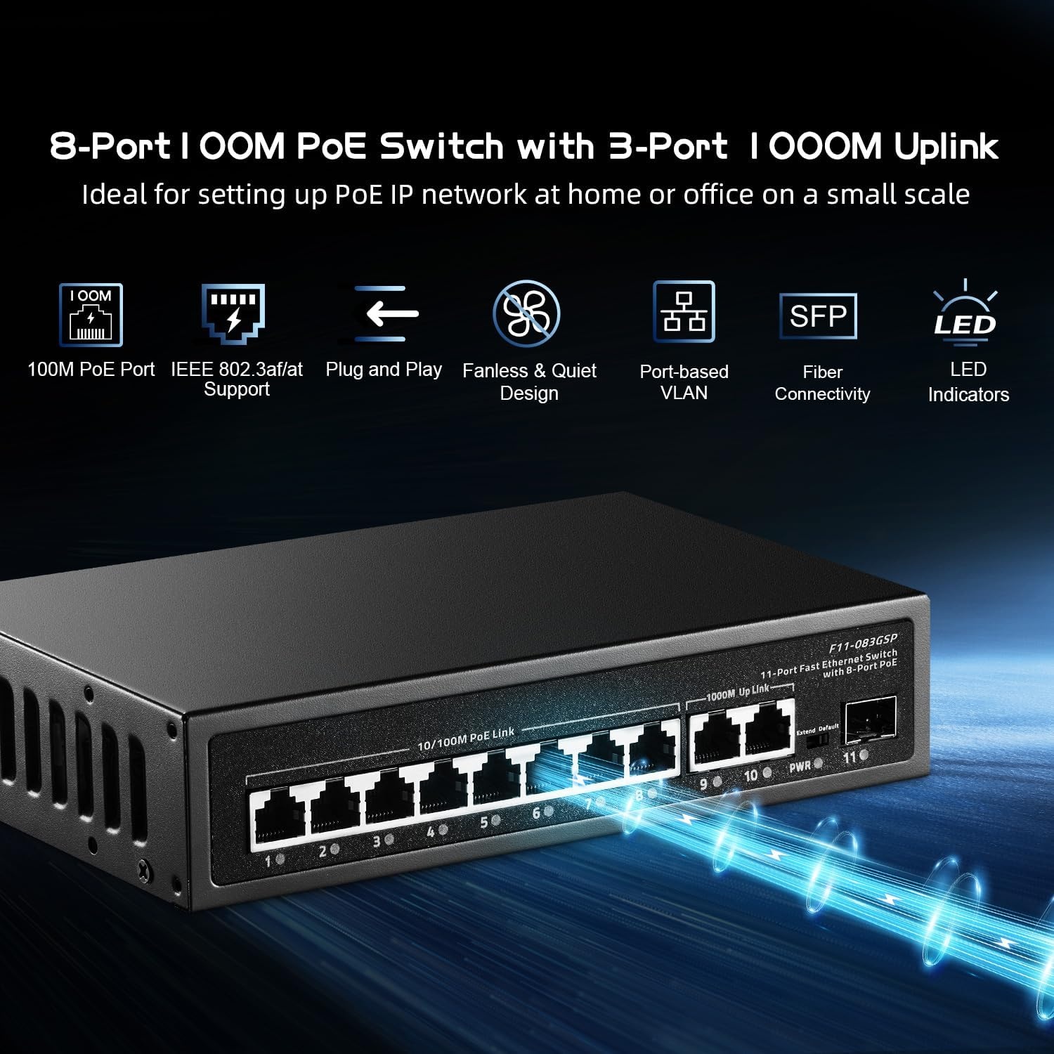 Binardat 11-Port PoE+ Switch - 8x 10/100Mbps, 2x Gigabit Uplink, 1x Gigabit SFP - Zwart