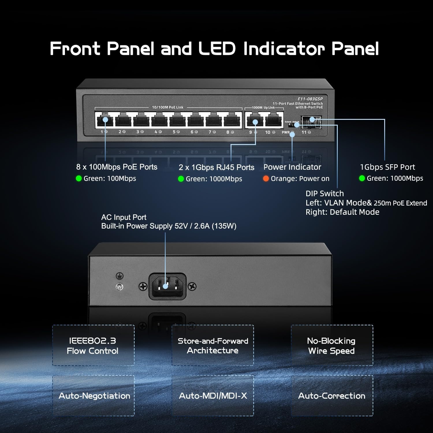 Binardat 11-Port PoE+ Switch - 8x 10/100Mbps, 2x Gigabit Uplink, 1x Gigabit SFP - Zwart
