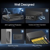Binardat 11-Port PoE+ Switch - 8x 10/100Mbps, 2x Gigabit Uplink, 1x Gigabit SFP - Zwart