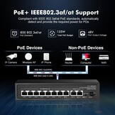Binardat 11-Port PoE+ Switch - 8x 10/100Mbps, 2x Gigabit Uplink, 1x Gigabit SFP - Zwart