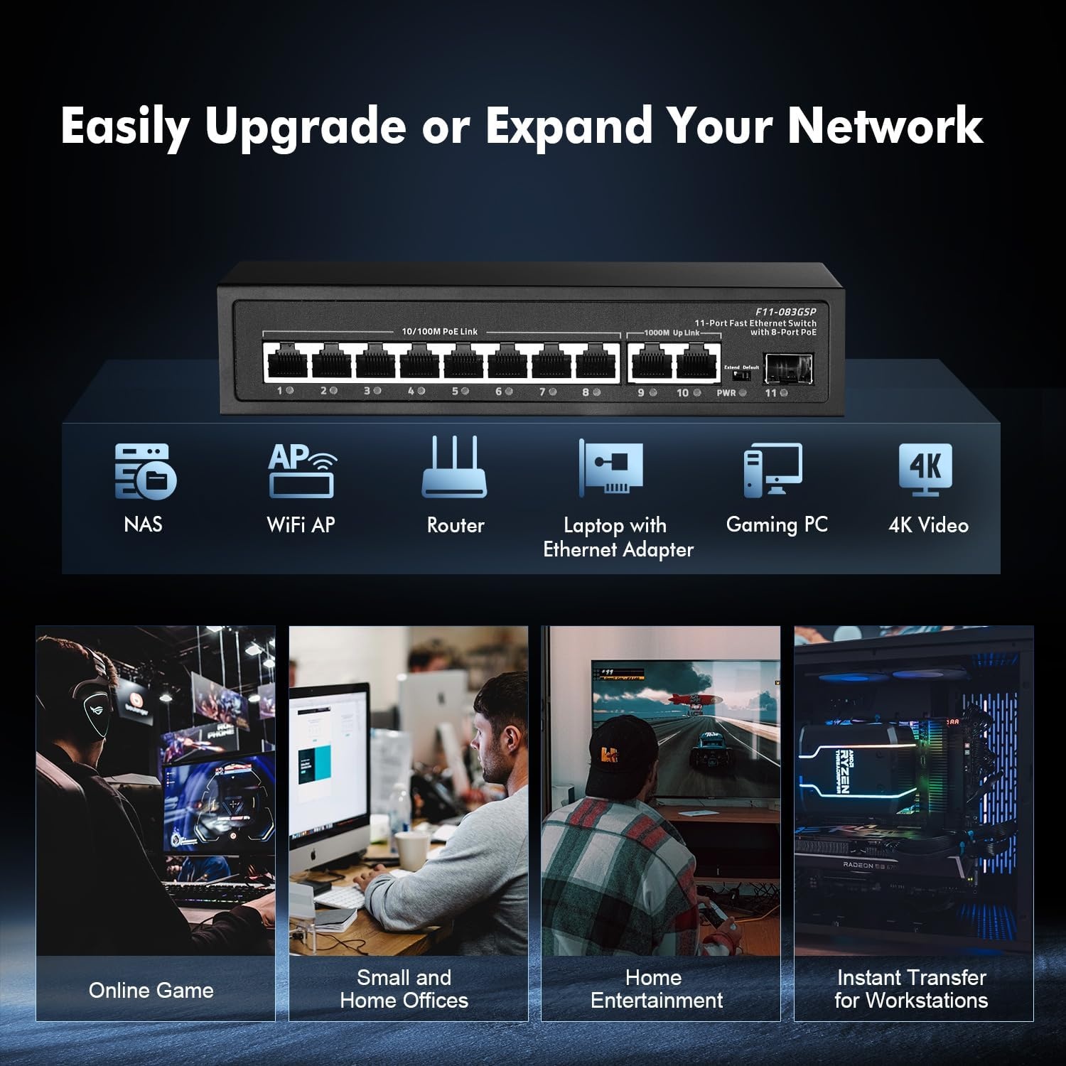 Binardat 11-Port PoE+ Switch - 8x 10/100Mbps, 2x Gigabit Uplink, 1x Gigabit SFP - Zwart