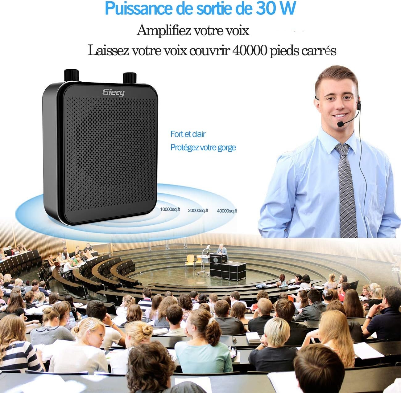 Draagbare spraakversterker met microfoon, hoofdtelefoon, 30 W, oplaadbare batterij, 2800 mAh, krachtig geluidssysteem voor leraren, gidsen, trainers, presentatoren