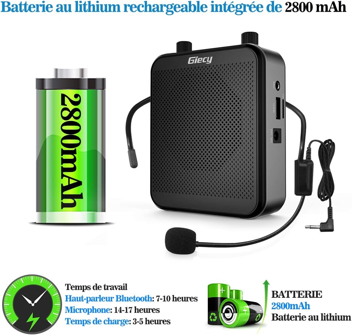 Draagbare spraakversterker met microfoon, hoofdtelefoon, 30 W, oplaadbare batterij, 2800 mAh, krachtig geluidssysteem voor leraren, gidsen, trainers, presentatoren