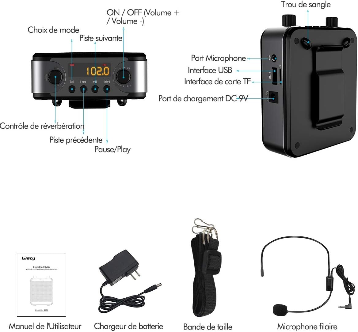Draagbare spraakversterker met microfoon, hoofdtelefoon, 30 W, oplaadbare batterij, 2800 mAh, krachtig geluidssysteem voor leraren, gidsen, trainers, presentatoren
