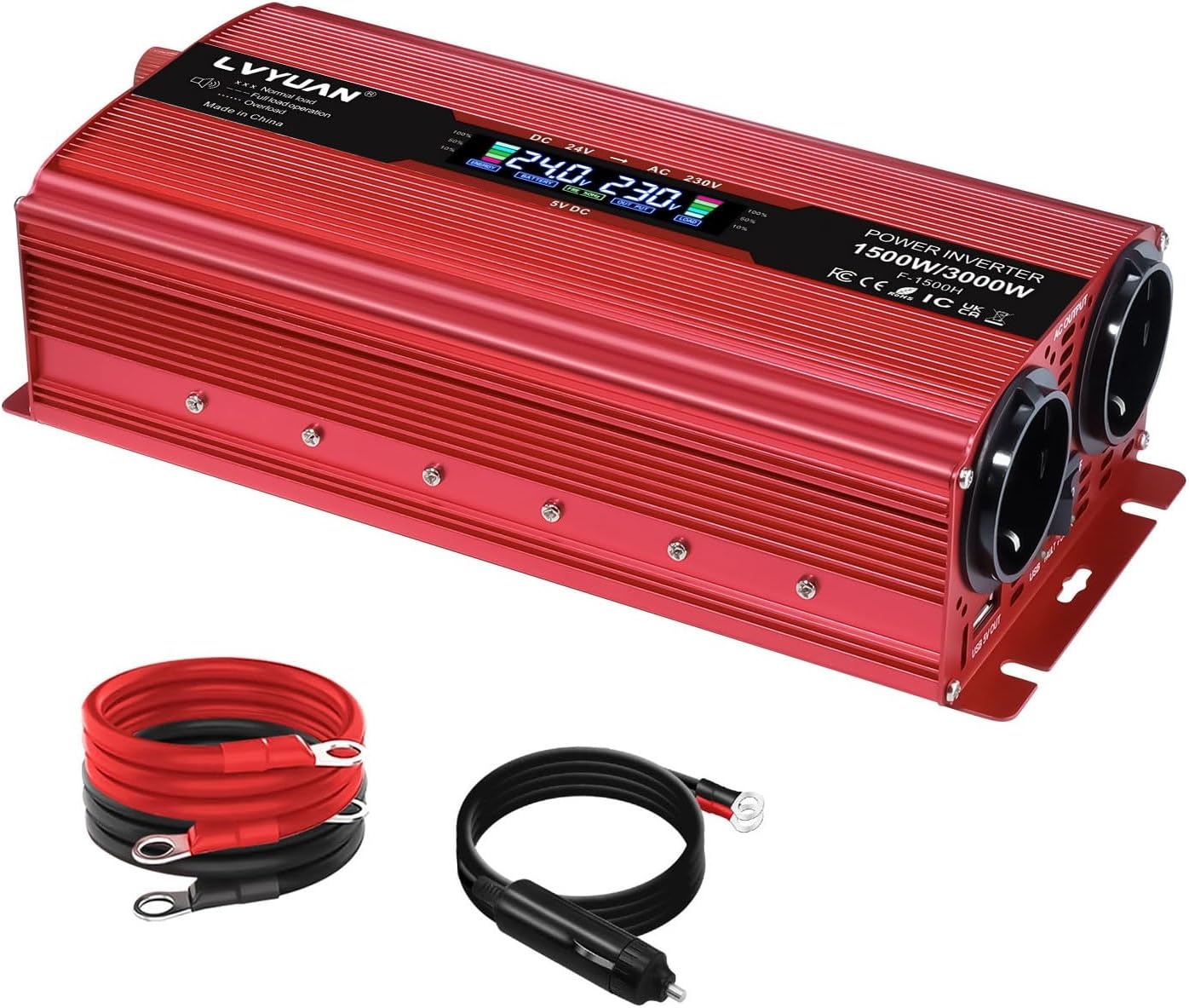 LVYUAN Spanningsomvormer 24V naar 230V 1500W-3000W Rood 24VM1500WLCD-R