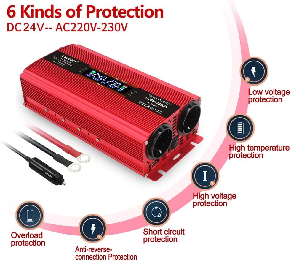 LVYUAN Spanningsomvormer 24V naar 230V 1500W-3000W Rood 24VM1500WLCD-R