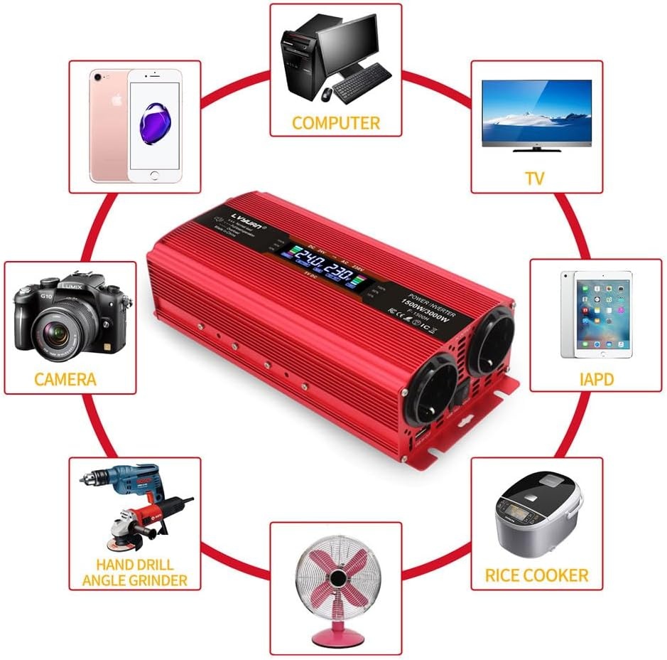 LVYUAN Spanningsomvormer 24V naar 230V 1500W-3000W Rood 24VM1500WLCD-R