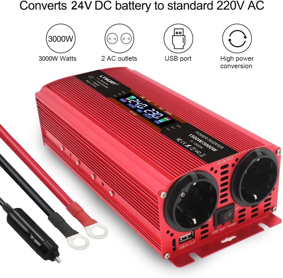 LVYUAN Spanningsomvormer 24V naar 230V 1500W-3000W Rood 24VM1500WLCD-R