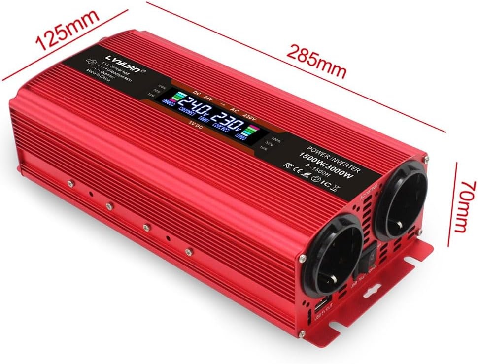 LVYUAN Spanningsomvormer 24V naar 230V 1500W-3000W Rood 24VM1500WLCD-R