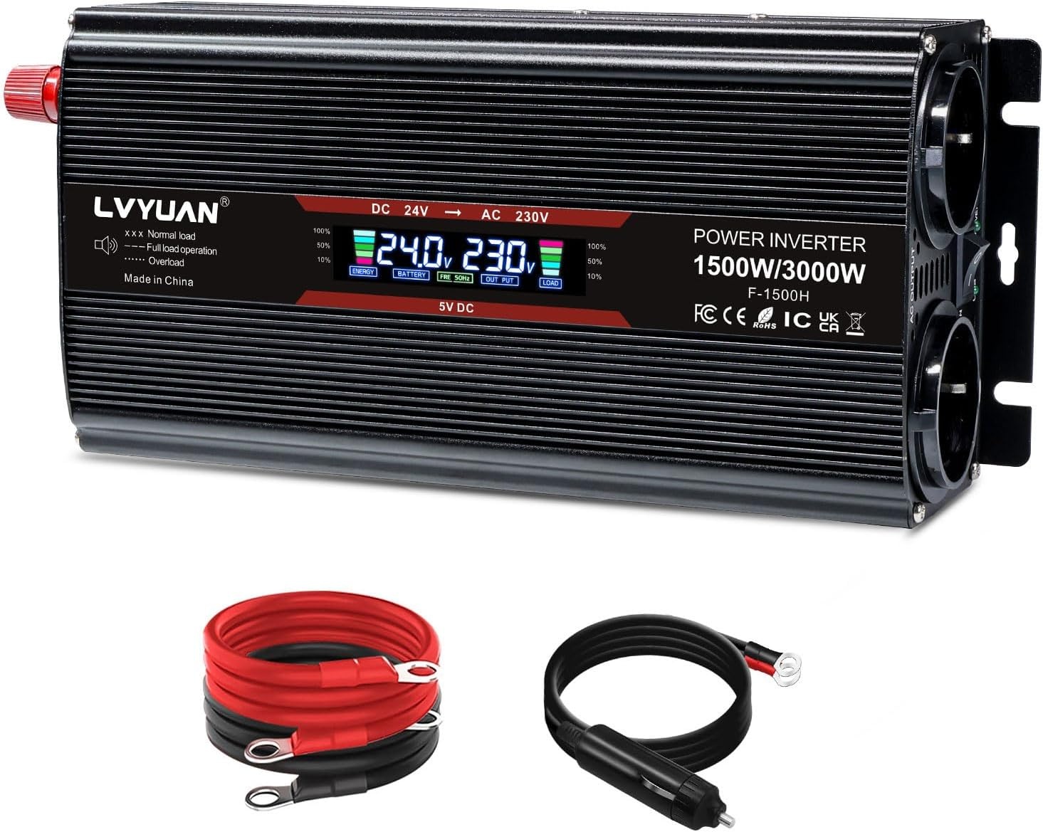 LVYUAN Spanningsomvormer 24V naar 230V 1500W-3000W Rood 24VM1500WLCD-R