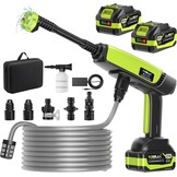 VOERJIA Accu-hogedrukreiniger 21 V (70 bar piek), mobiel reinigingsapparaat met 2 x 4,0 Ah accu's, 400 l/h debiet en 6-in-1 mondstuk, draagbaar voor auto en tuin, groen
