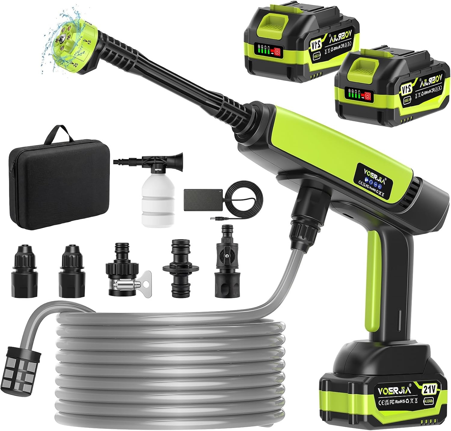VOERJIA Accu-hogedrukreiniger 21 V (70 bar piek), mobiel reinigingsapparaat met 2 x 4,0 Ah accu's, 400 l/h debiet en 6-in-1 mondstuk, draagbaar voor auto en tuin, groen