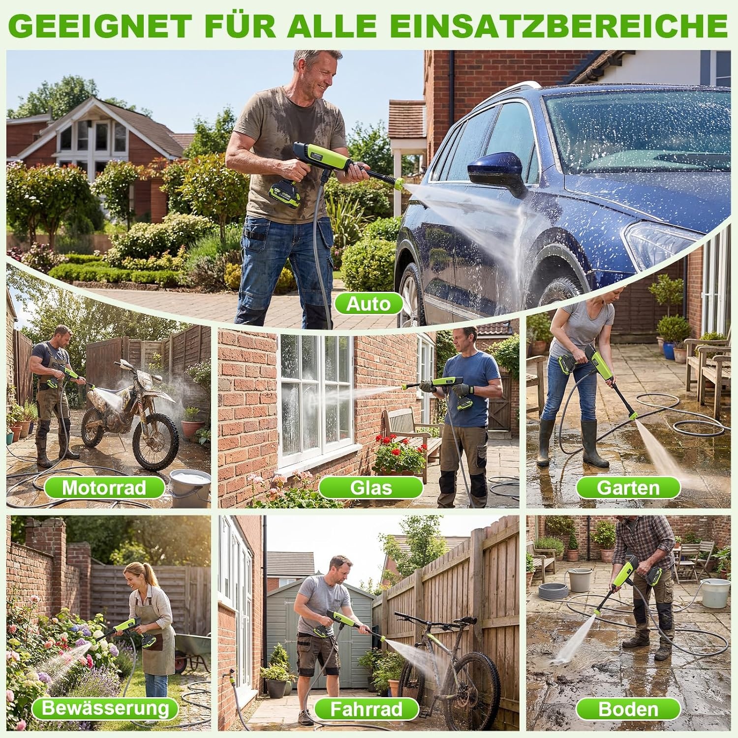 VOERJIA Accu-hogedrukreiniger 21 V (70 bar piek), mobiel reinigingsapparaat met 2 x 4,0 Ah accu's, 400 l/h debiet en 6-in-1 mondstuk, draagbaar voor auto en tuin, groen