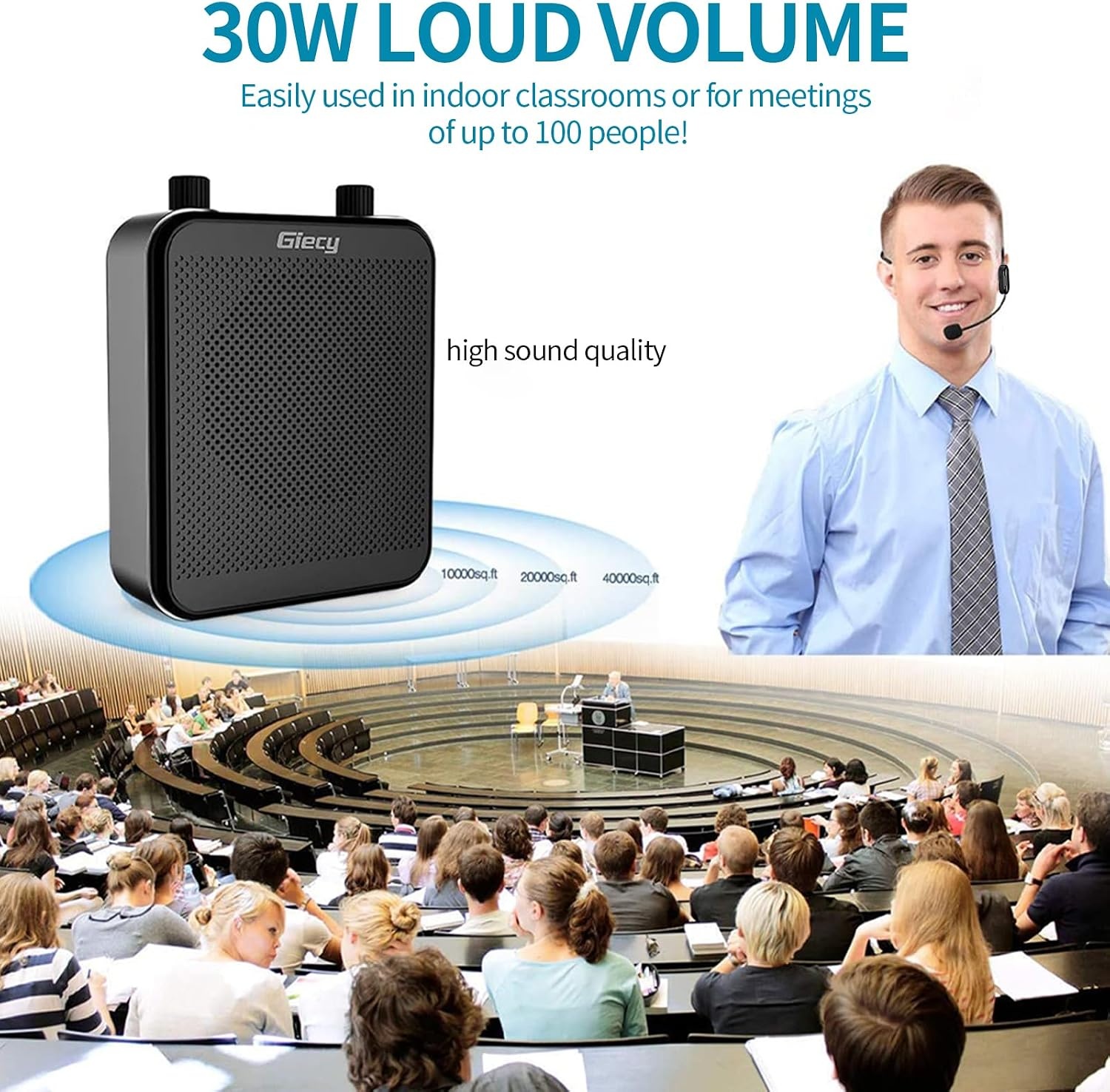 Draagbare Spraakversterker Draadloos UHF Microfoon met 2800mAh Batterij, TF/USB-speler, FM-radio & Recorder voor Docenten, Tours, Evenementen (M-Black) - Maat M-Black