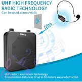 Draagbare Spraakversterker Draadloos UHF Microfoon met 2800mAh Batterij, TF/USB-speler, FM-radio & Recorder voor Docenten, Tours, Evenementen (M-Black) - Maat M-Black