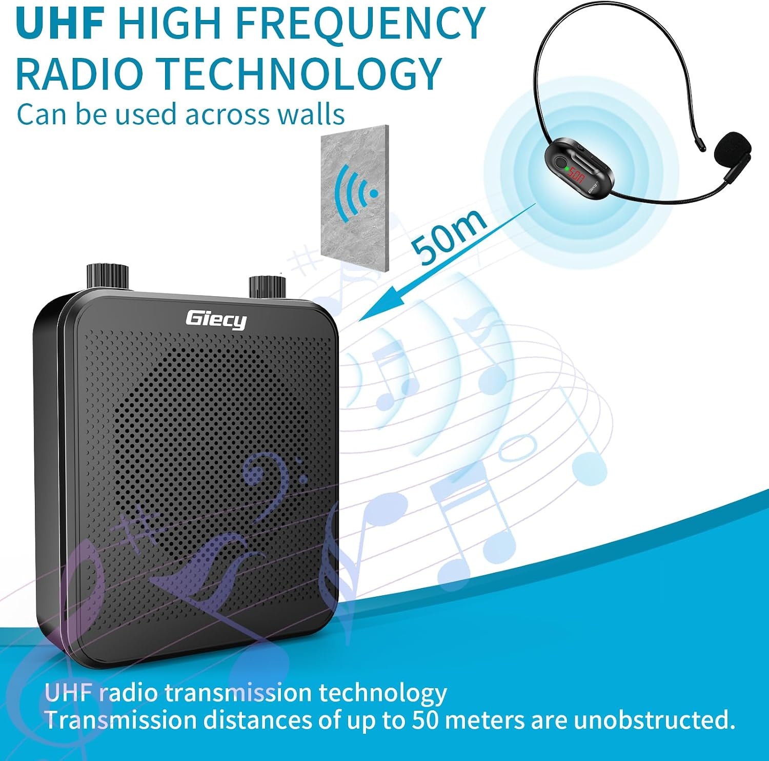 Draagbare Spraakversterker Draadloos UHF Microfoon met 2800mAh Batterij, TF/USB-speler, FM-radio & Recorder voor Docenten, Tours, Evenementen (M-Black) - Maat M-Black