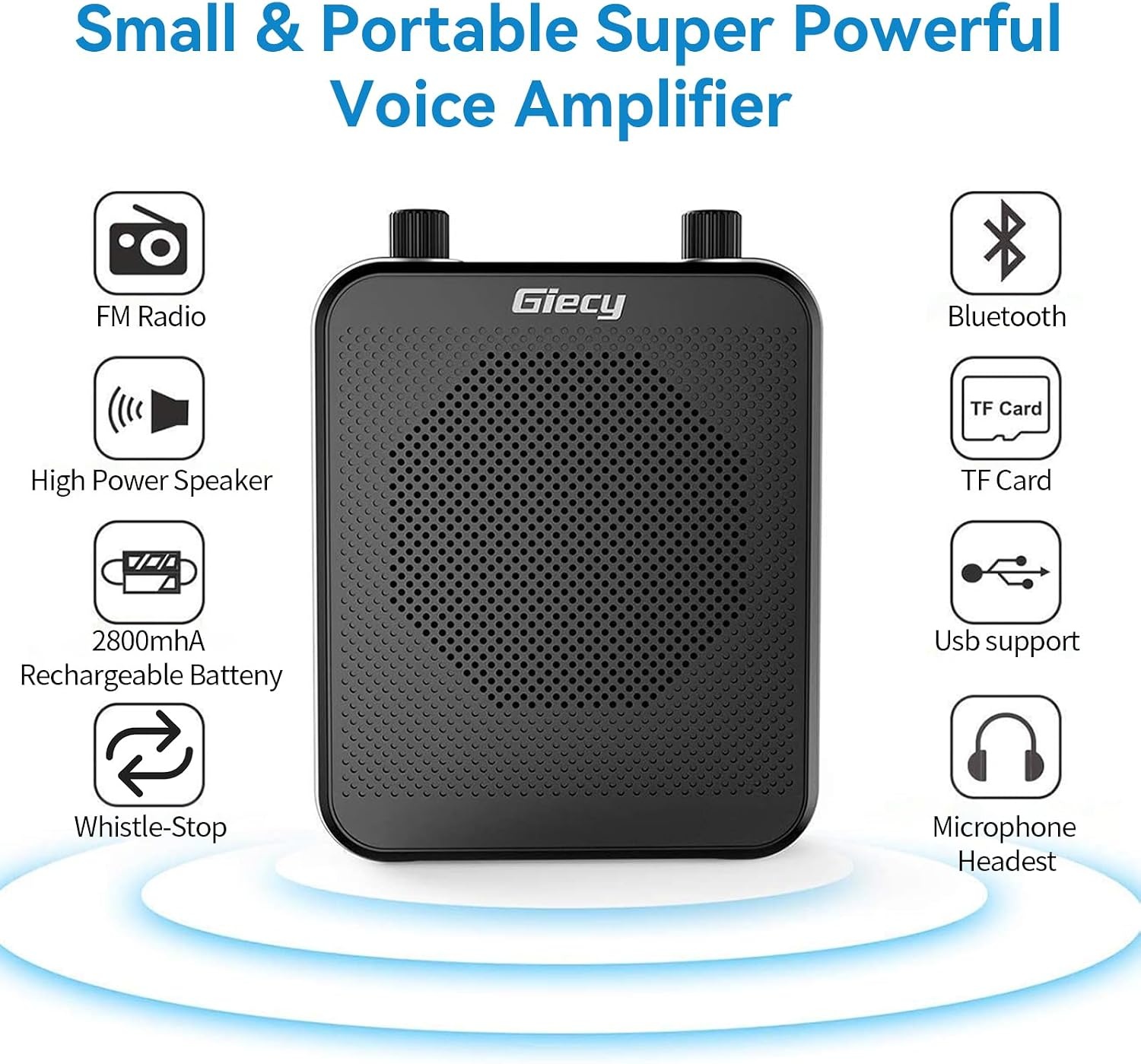 Draagbare Spraakversterker Draadloos UHF Microfoon met 2800mAh Batterij, TF/USB-speler, FM-radio & Recorder voor Docenten, Tours, Evenementen (M-Black) - Maat M-Black