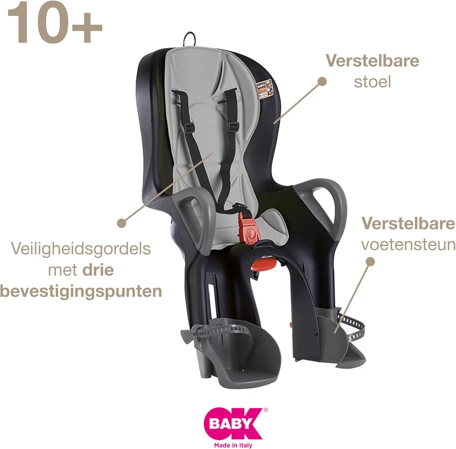 OKBABY 10+ - Verstelbaar fietsstoeltje achterop voor kinderen tot 22 kg - zwart en grijs