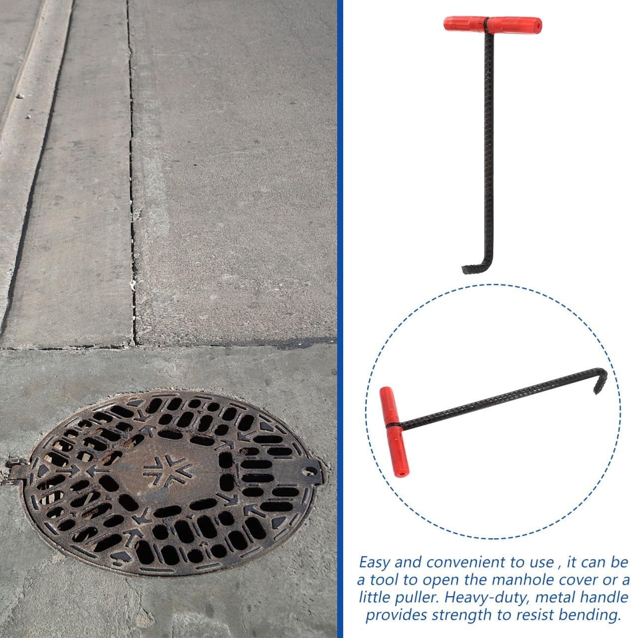Operitacx Kanaaldeksellifter, 45 cm schachtdekselhaak, haak, hefgereedschap, schachtdekselhaak, ijzeren t-haak, trekhaak voor slagershop, zwart