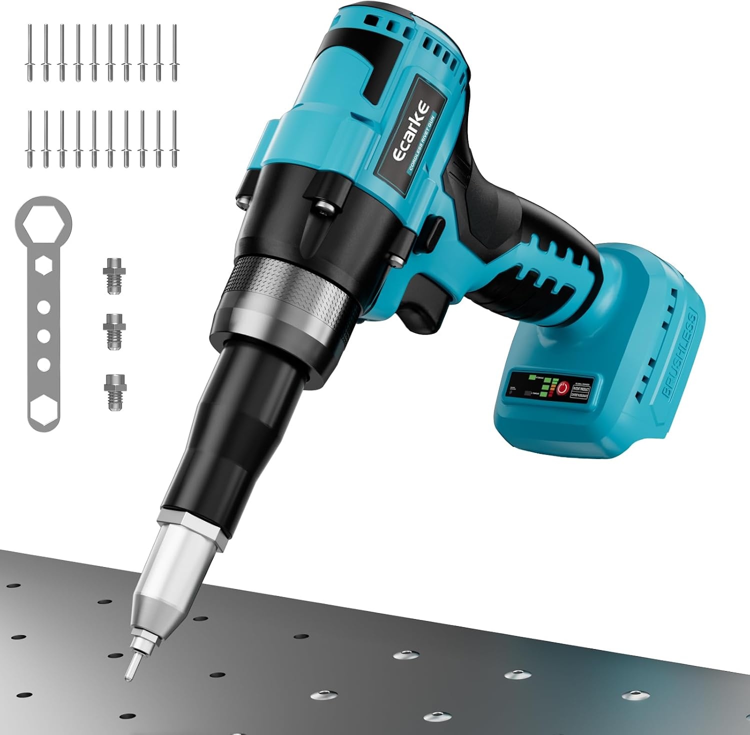 Ecarke Accu-klinknageltangset, compatibel met Makita accu 18V Li-Ion, borstelloze klinknagelpistool met 20 klinknagels in drie maten (3,2/4,0/4,8 mm) & ledlicht, ideaal voor autoreparaties en