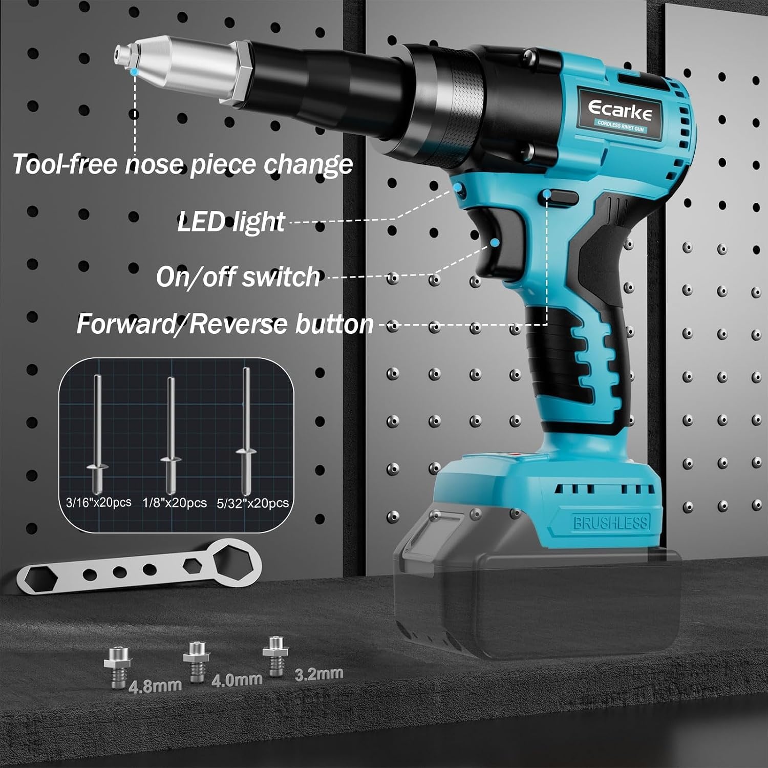 Ecarke Accu-klinknageltangset, compatibel met Makita accu 18V Li-Ion, borstelloze klinknagelpistool met 20 klinknagels in drie maten (3,2/4,0/4,8 mm) & ledlicht, ideaal voor autoreparaties en
