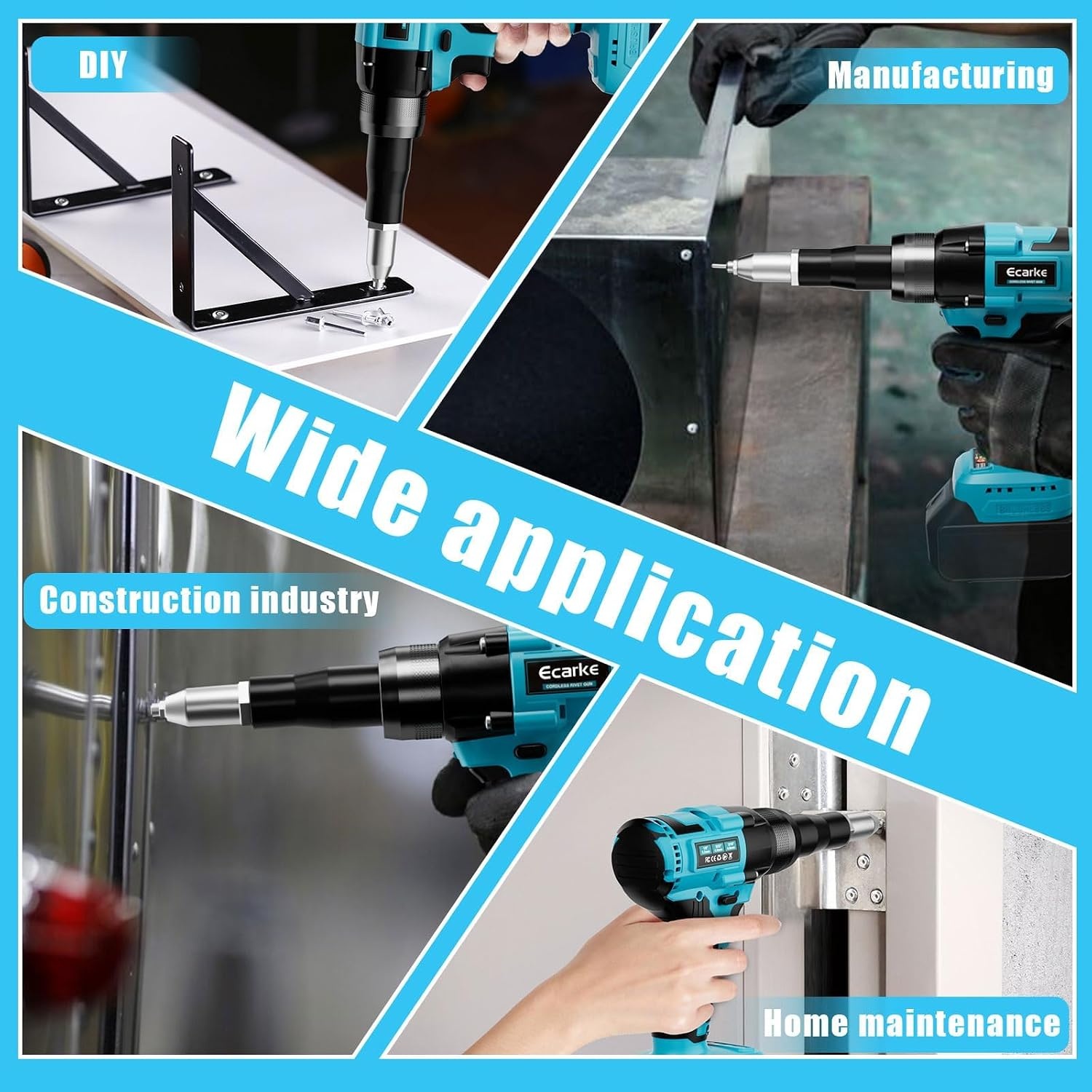 Ecarke Accu-klinknageltangset, compatibel met Makita accu 18V Li-Ion, borstelloze klinknagelpistool met 20 klinknagels in drie maten (3,2/4,0/4,8 mm) & ledlicht, ideaal voor autoreparaties en