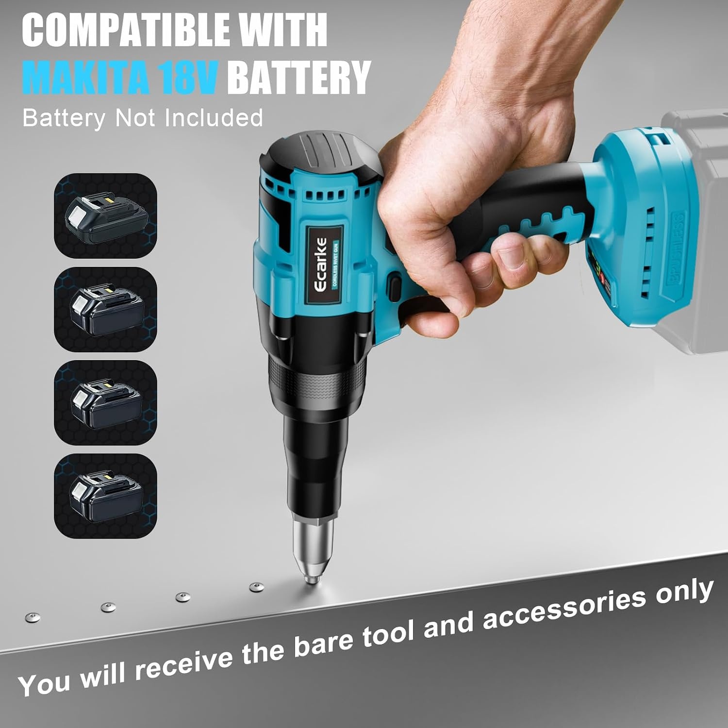 Ecarke Accu-klinknageltangset, compatibel met Makita accu 18V Li-Ion, borstelloze klinknagelpistool met 20 klinknagels in drie maten (3,2/4,0/4,8 mm) & ledlicht, ideaal voor autoreparaties en