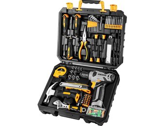 DEKO 126-delig elektrisch gereedschap combo-set met 8 V accuboor, 10 mm 3/8 inch keyless Chuck, professionele en huishoudelijke gereedschapsset, doe-het-zelf, voor tuin, kantoor, huisreparatie