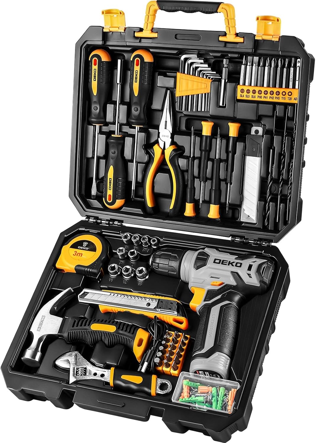 DEKO 126-delig elektrisch gereedschap combo-set met 8 V accuboor, 10 mm 3/8 inch keyless Chuck, professionele en huishoudelijke gereedschapsset, doe-het-zelf, voor tuin, kantoor, huisreparatie