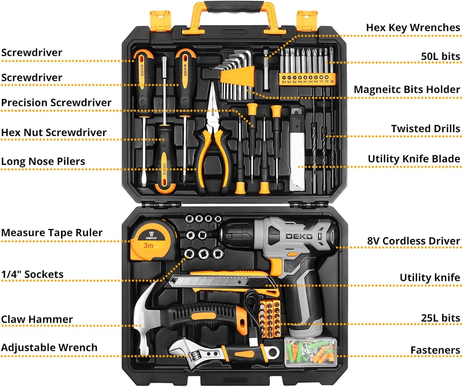DEKO 126-delig elektrisch gereedschap combo-set met 8 V accuboor, 10 mm 3/8 inch keyless Chuck, professionele en huishoudelijke gereedschapsset, doe-het-zelf, voor tuin, kantoor, huisreparatie