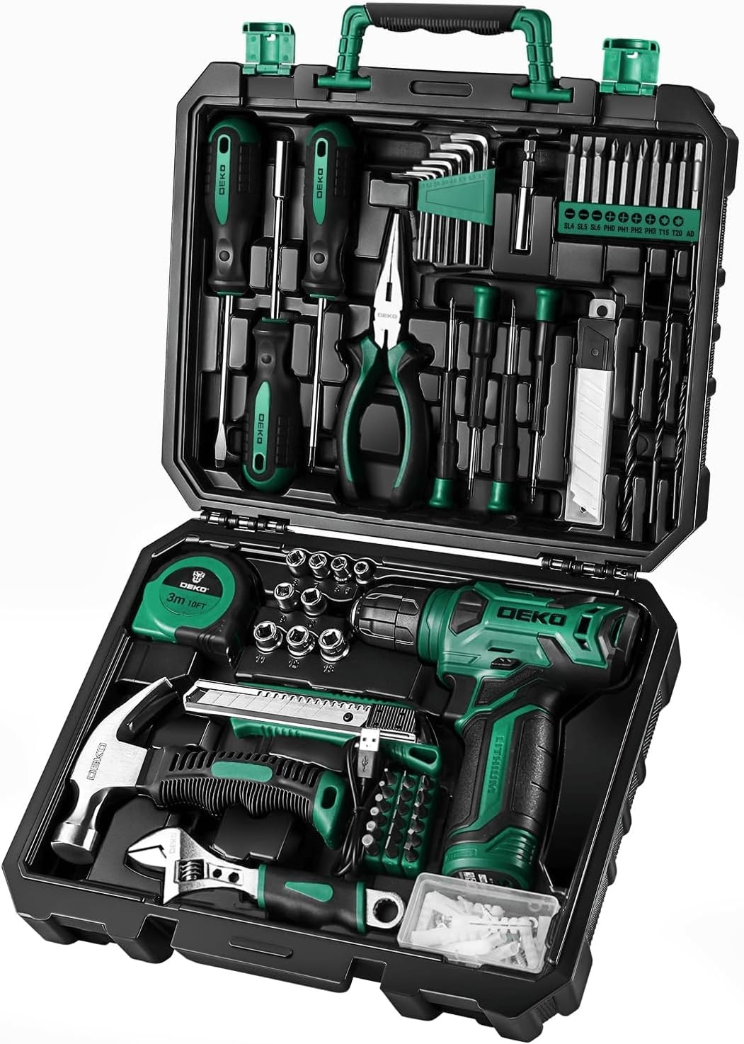 DEKO 126-delig elektrisch gereedschap combo-set met 8 V accuboor, 10 mm 3/8 inch keyless Chuck, professionele en huishoudelijke gereedschapsset, doe-het-zelf, voor tuin, kantoor, huisreparatie