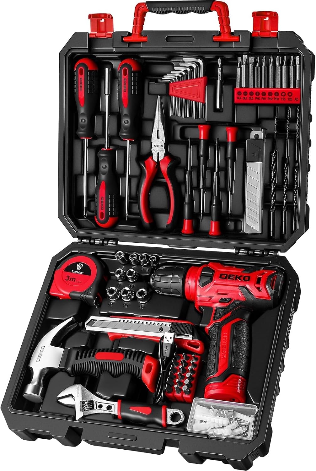 DEKO 126-delig elektrisch gereedschap combo-set met 8 V accuboor, 10 mm 3/8 inch keyless Chuck, professionele en huishoudelijke gereedschapsset, doe-het-zelf, voor tuin, kantoor, huisreparatie