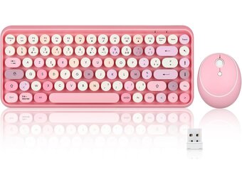 Draadloze Toetsenbord & Muis Set Mini AZERTY Pastelroze | 2.4 GHz | Retro Design ronde toetsen