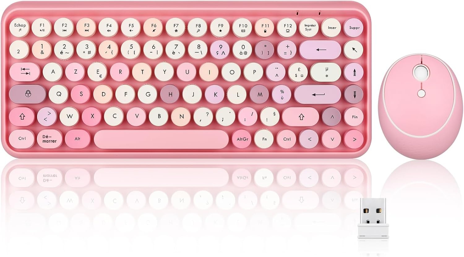 Draadloze Toetsenbord & Muis Set Mini AZERTY Pastelroze | 2.4 GHz | Retro Design ronde toetsen