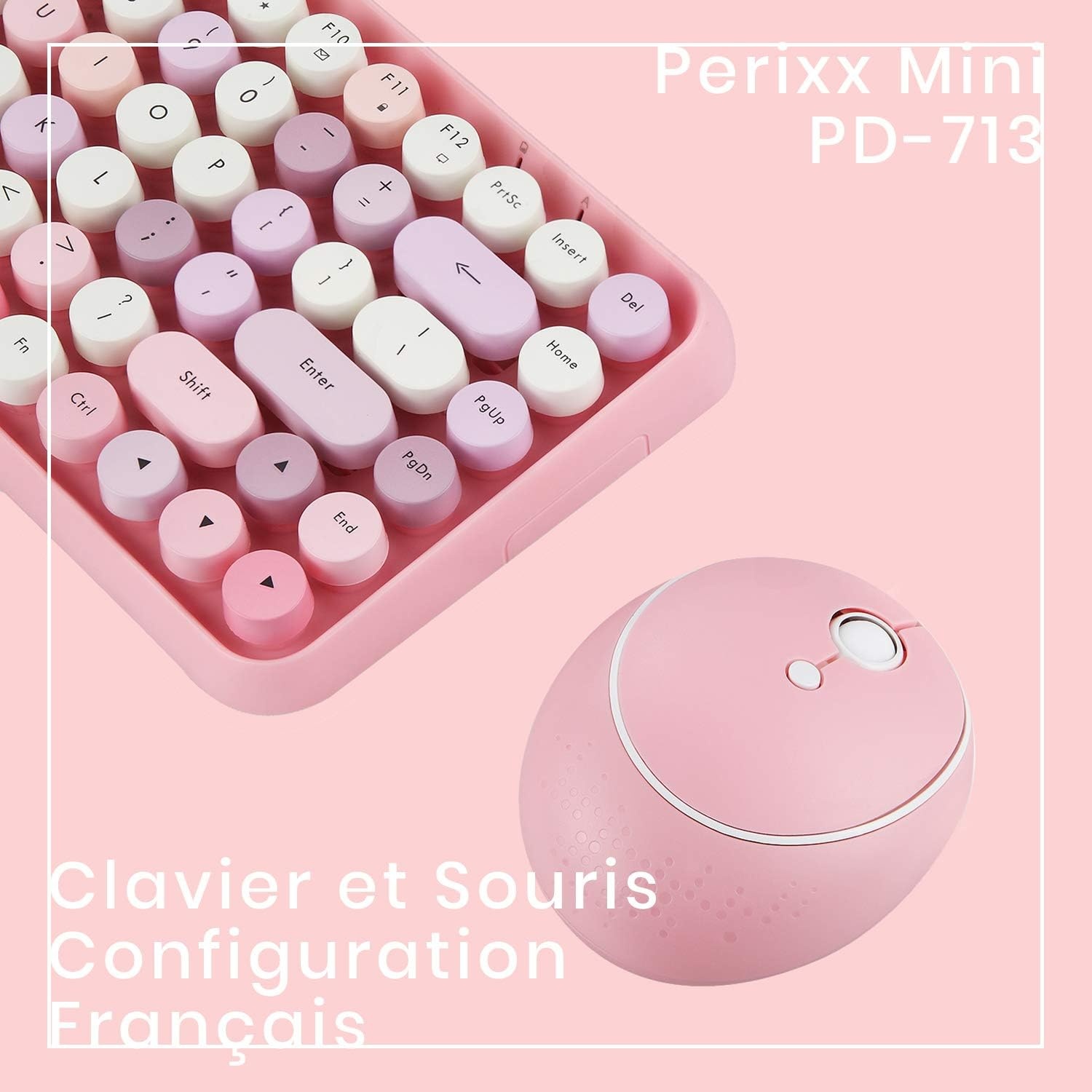 Draadloze Toetsenbord & Muis Set Mini AZERTY Pastelroze | 2.4 GHz | Retro Design ronde toetsen