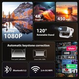 Beamer Smart Android 11 | 25000 Lumen | 4K trapeziumcorrectie | WiFi 6 Bluetooth 5.2 | Zwart