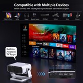 Beamer Smart Android 11 | 25000 Lumen | 4K trapeziumcorrectie | WiFi 6 Bluetooth 5.2 | Zwart