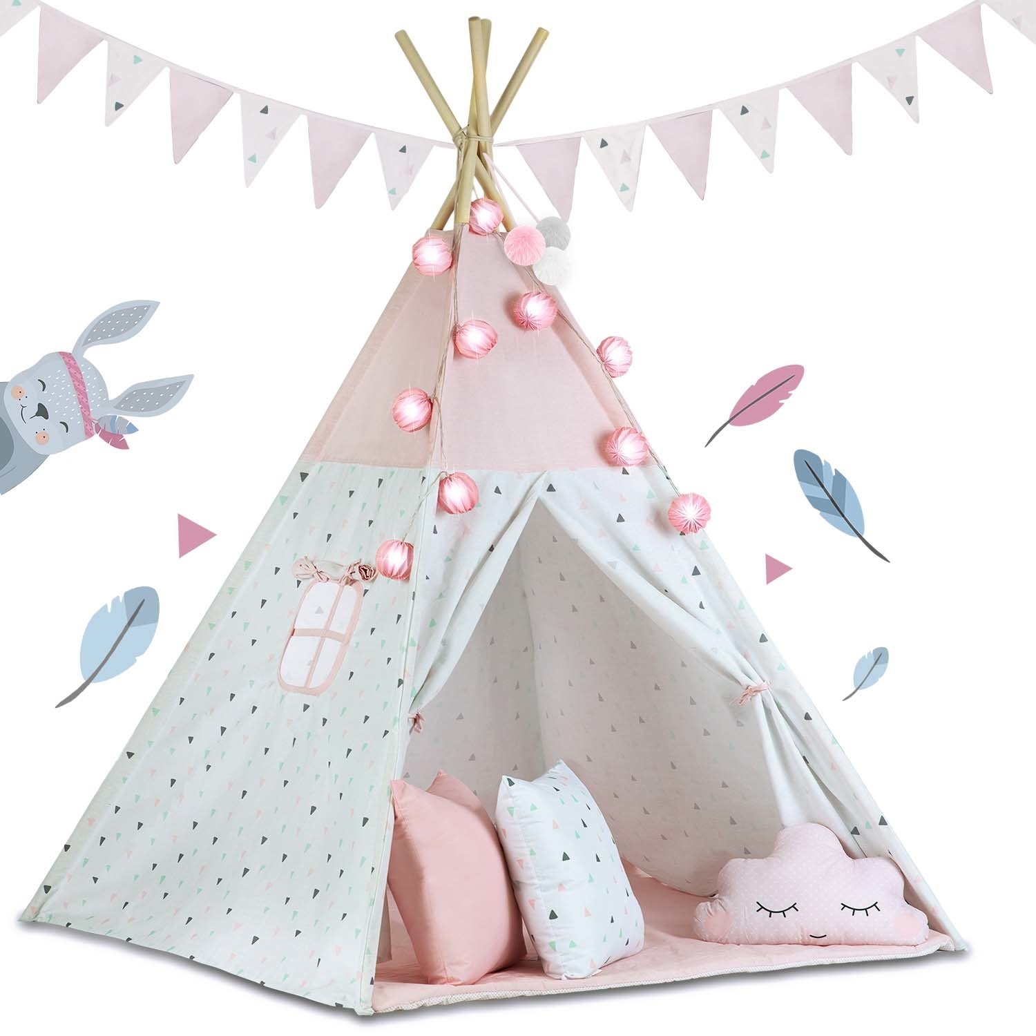 Tipi speeltent met licht & slingers – Roze